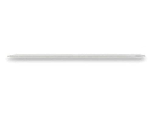 A long, thin metallic rod with a shadow beneath it on a white background.
