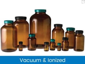 Various amber glass bottles with turquoise caps, labeled Vacuum & Ionized.