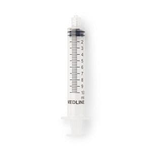 A transparent plastic syringe with black measurement markings.