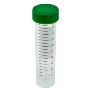 A clear plastic test tube with a green screw cap and measurement markings.