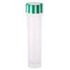 A clear plastic vial with a green-striped cap.