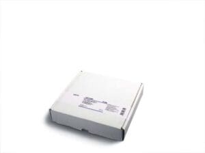 A white electronic device with labels and ports on its side.