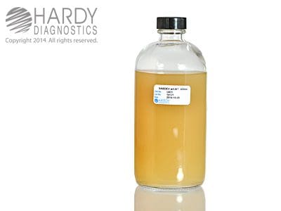 A clear bottle filled with a yellowish liquid and labeled with Hardy Diagnostics.