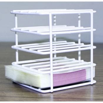 Transparent multi-tiered organizer for office supplies.