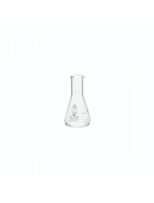 A transparent glass Erlenmeyer flask with volume markings.