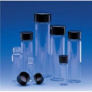 Clear plastic bottles with black caps on a blue background.